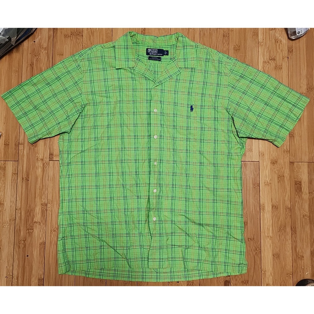 Vintage Polo Ralph Lauren Caldwell Camp Shirt Mens L Green Plaid Loop Collar
